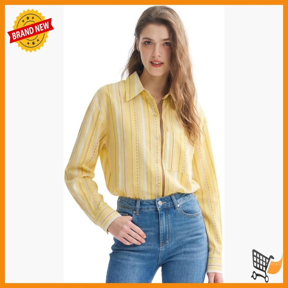 Silk Cotton Long Sleeve Button Down Blouse with Pocket V-Neck